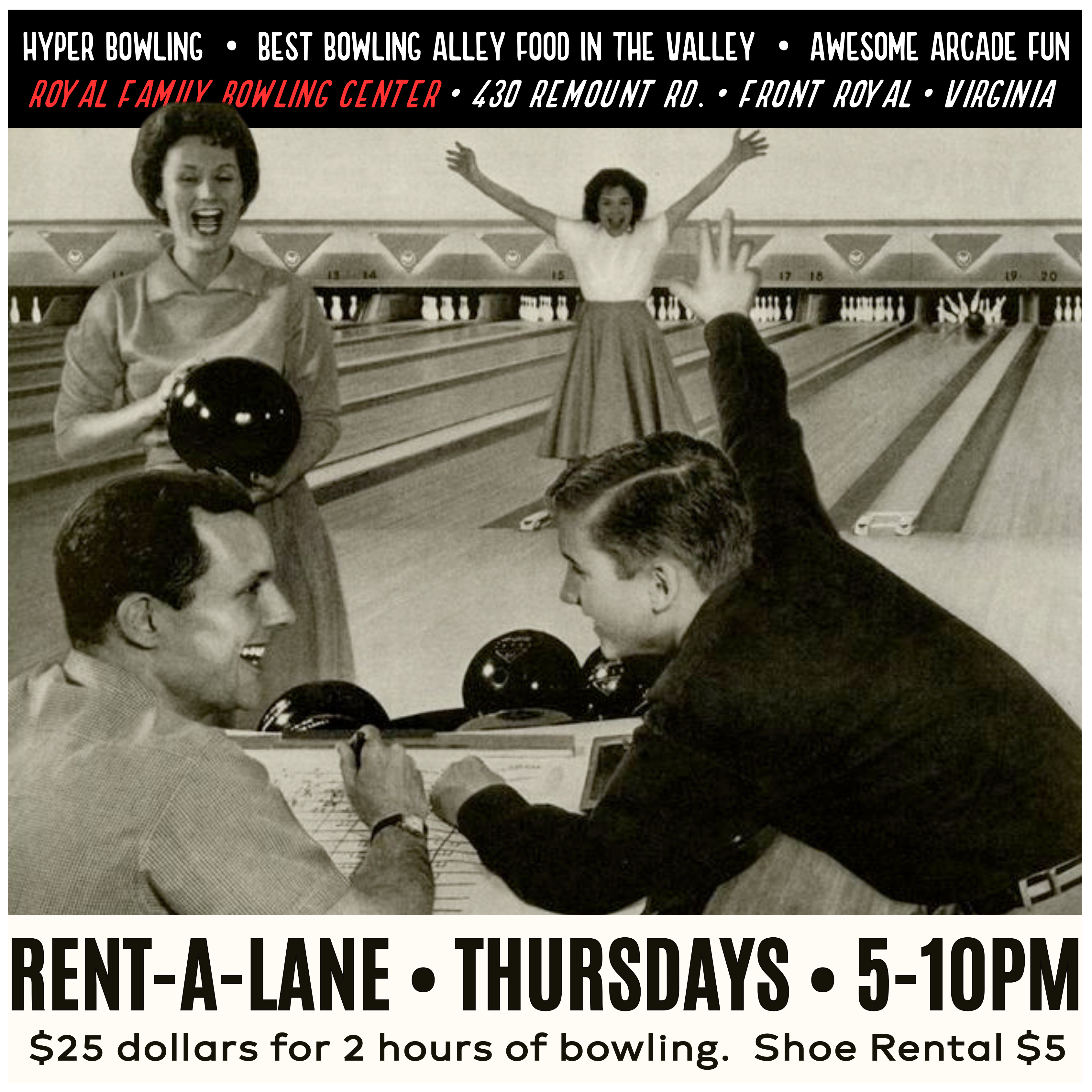 Rent-a-lane thursday from 5PM to 10PM